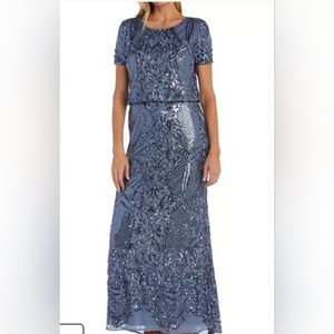 R&M Richards Women's Sequin Embellished Short Sleeve Blouson Gown